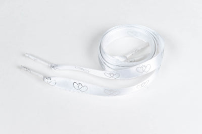 Shoelaces Silver Double Hearts on White Satin Ribbon 3/8" Wide Shoelaces by Princess Pumps