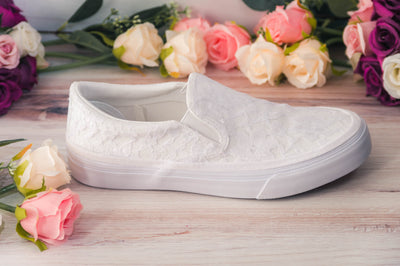 Wedding Sneakers for Bride, Comfy Bridal White Lace Slip On Sneakers for Brides, Bridesmaid Gift, Reception Shoes, Custom Shoes