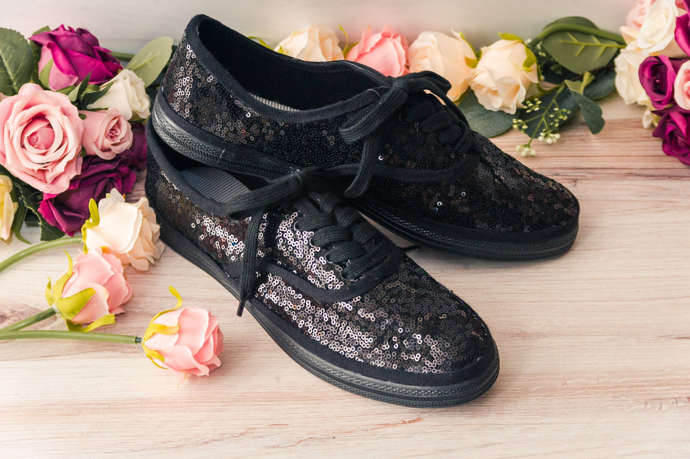 Black Wedding Shoes for Women, Custom Shoes for Women, All Black Monochrome Sequin Sneakers, Halloween, Brides, Bridesmaids, Cosplay