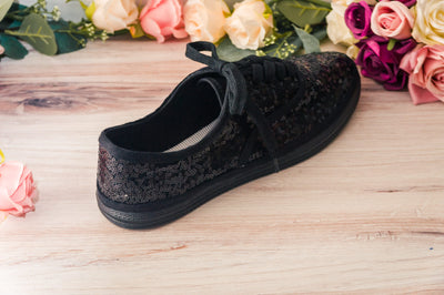 Black Wedding Shoes for Women, Custom Shoes for Women, All Black Monochrome Sequin Sneakers, Halloween, Brides, Bridesmaids, Cosplay