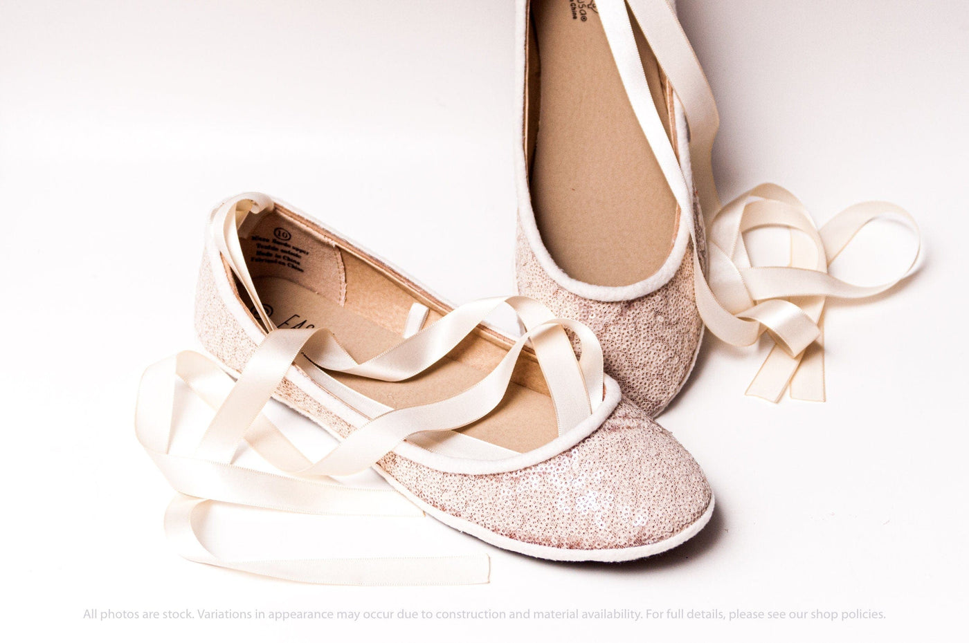 Ivory White Starlight Sequin Ballet Flats 6 (Size 5 Fit) / With Ribbons @Back