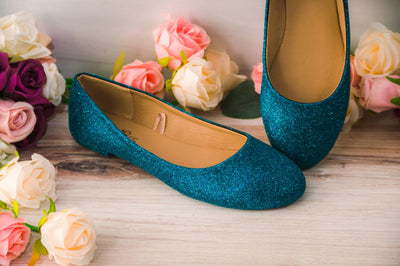 Peacock Blue Glitter Ballet Flats, Custom Wedding Shoes, Wedding Shoes, Bride, Bridesmaid, Prom, Gifts for Her 6 (Size 5 Fit) / Without Ribbons