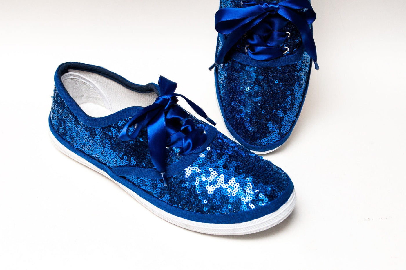 Sapphire Blue Starlight Sequin Sneakers by Princess Pumps 6 / White W/Ribbons