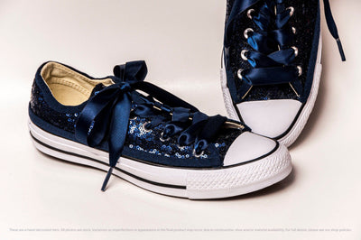 Navy Blue Sequin Low Top Sneakers 6 / With Ribbon Laces