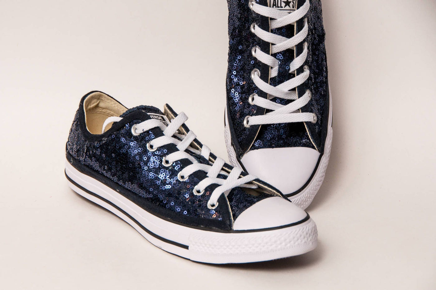 Navy Blue Sequin Low Top Sneakers 6 / Without Ribbons