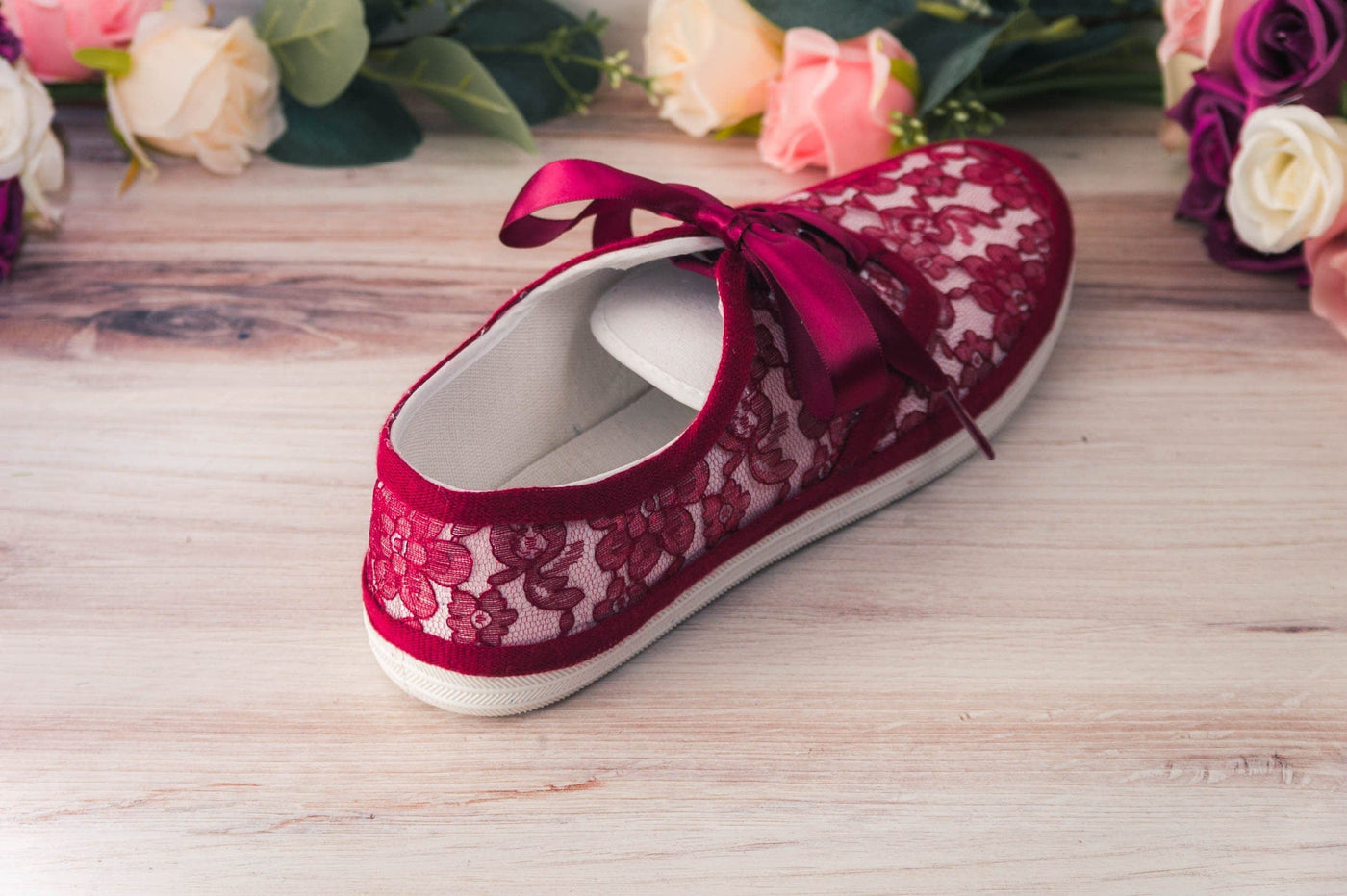 Burgundy Lace Over White Sneakers by Princess Pumps