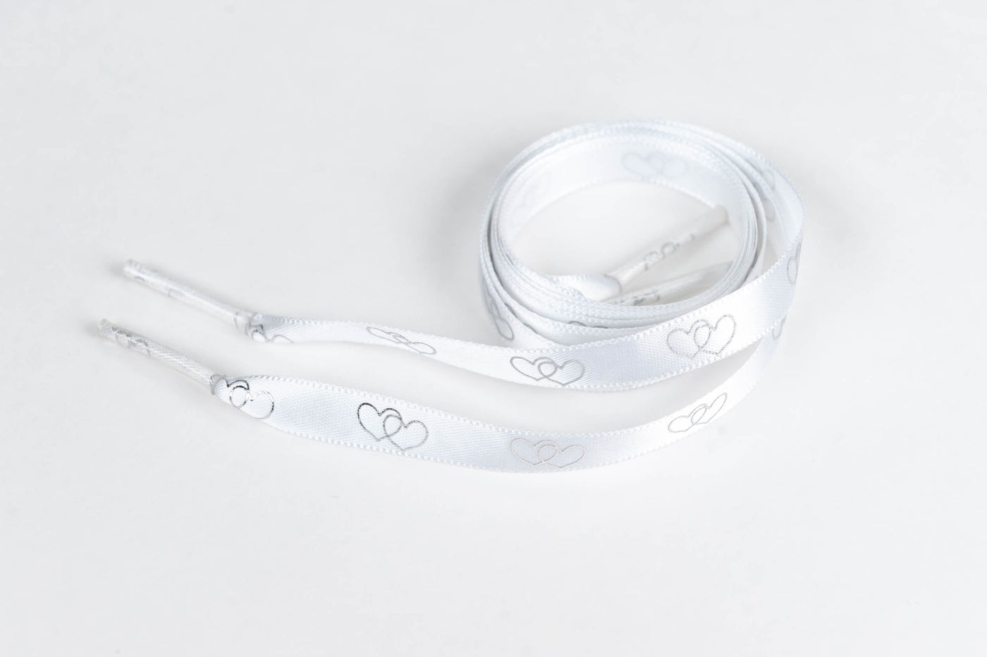 Shoelaces Silver Double Hearts on White Satin Ribbon 3/8" Wide Shoelaces by Princess Pumps