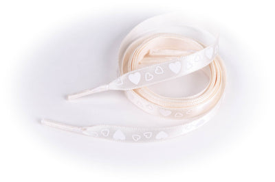 Shoelaces White Hearts on Ivory Satin Ribbon 3/8" Wide Shoelaces by Princess Pumps