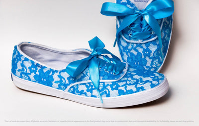 Turquoise Blue Lace Over White Sneakers