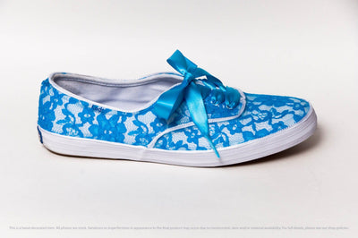 Turquoise Blue Lace Over White Sneakers
