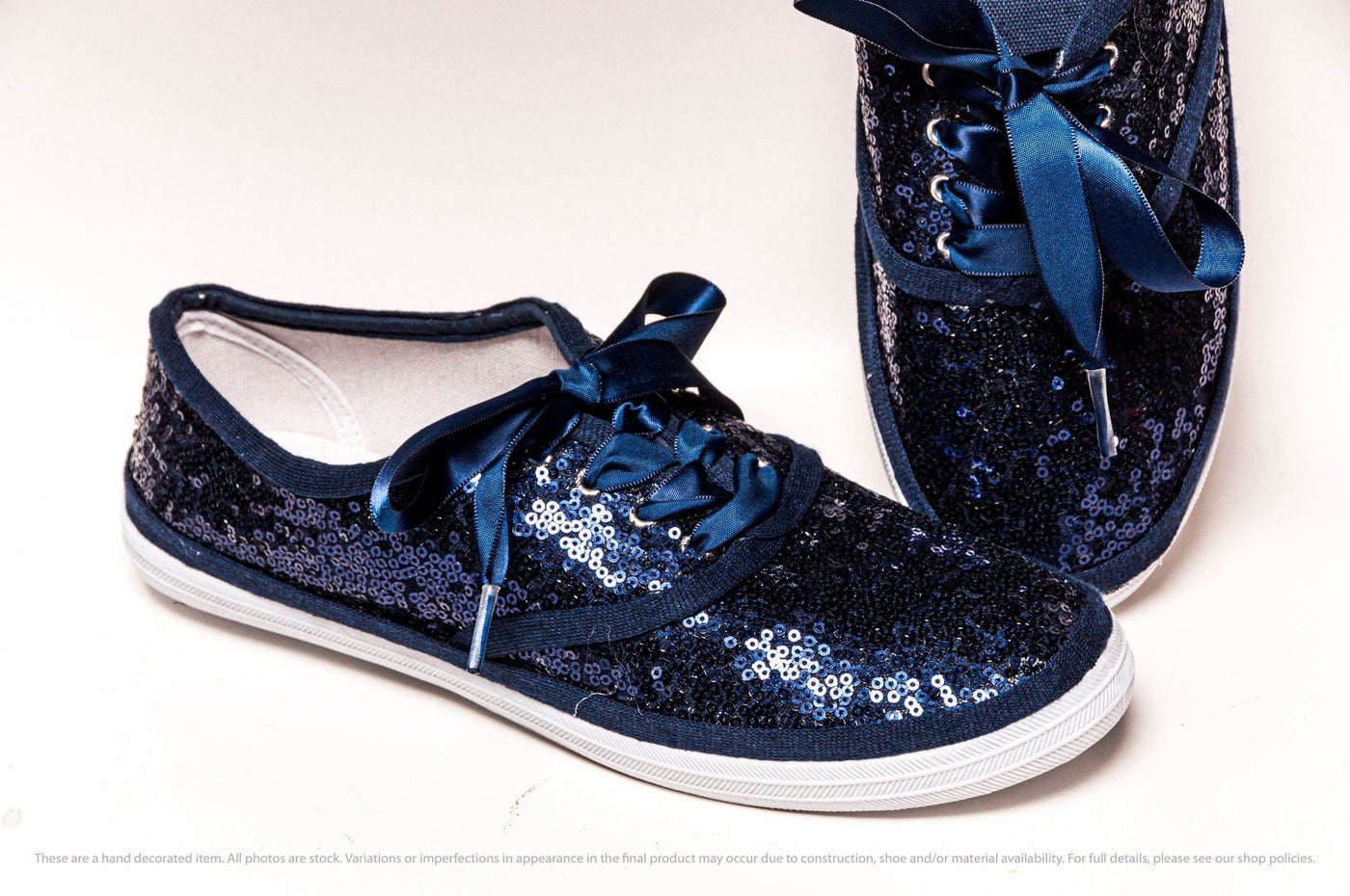 Wedding Shoes,  Navy Blue Sequin Sneakers with Satin Ribbon Laces