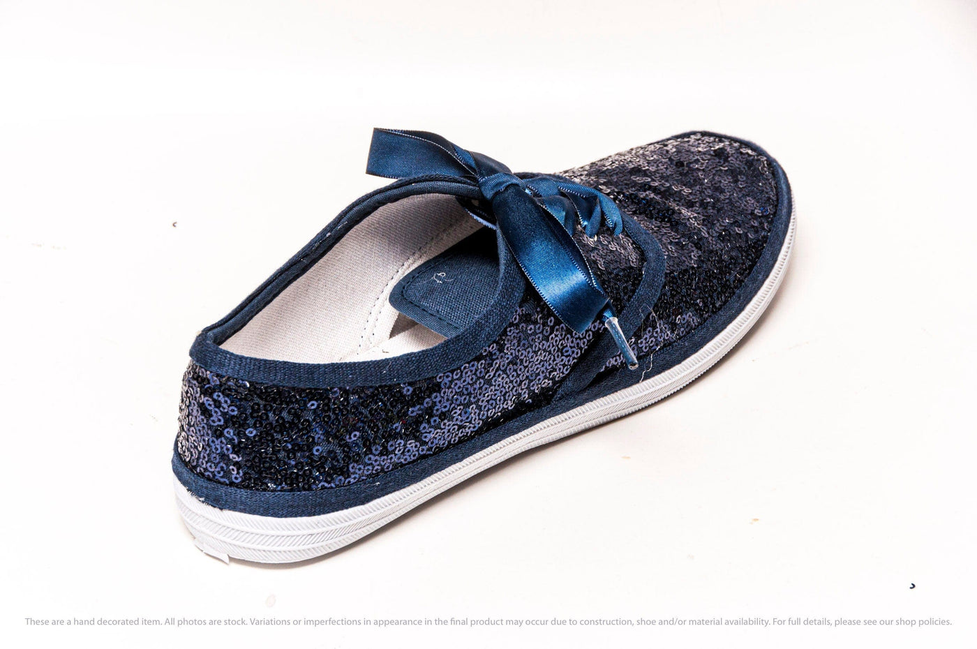 Wedding Shoes,  Navy Blue Sequin Sneakers with Satin Ribbon Laces