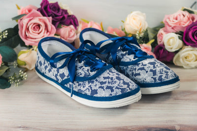 Wedding Shoes!  White Lace Over Navy Sneakers, Brides, Bridesmaids