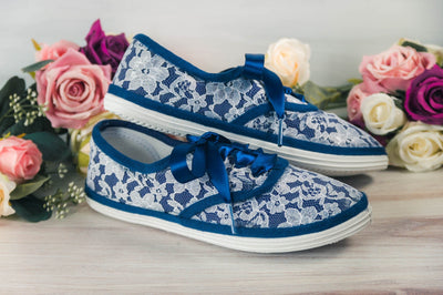Wedding Shoes!  White Lace Over Navy Sneakers, Brides, Bridesmaids